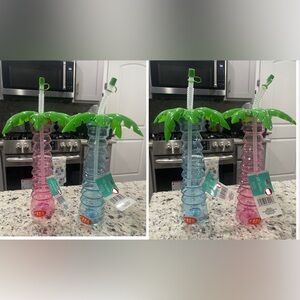 4 LED Light Up Plastic Palm Tree Tumblers. 2 Blue 2 Pink w/straw & Lid. NWT